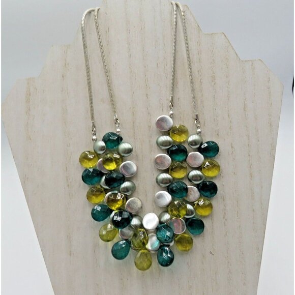 Jones New York Necklace 17" Bib Multi Layer Dangles Blue Green Silver Tone Beads - Picture 1 of 7